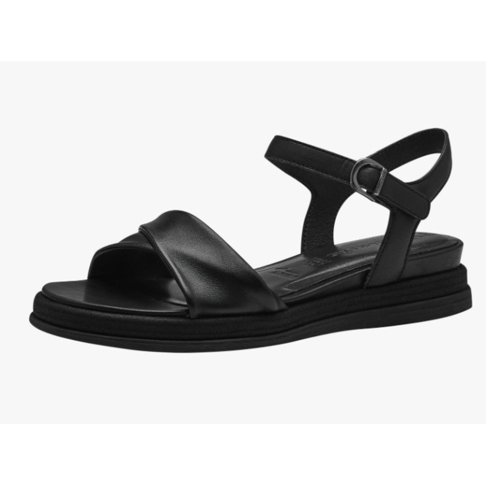 Tamaris Soft Black Leather Micro Wedge Sandals Womens EU‎ 37 US 6.5 Strappy NEW